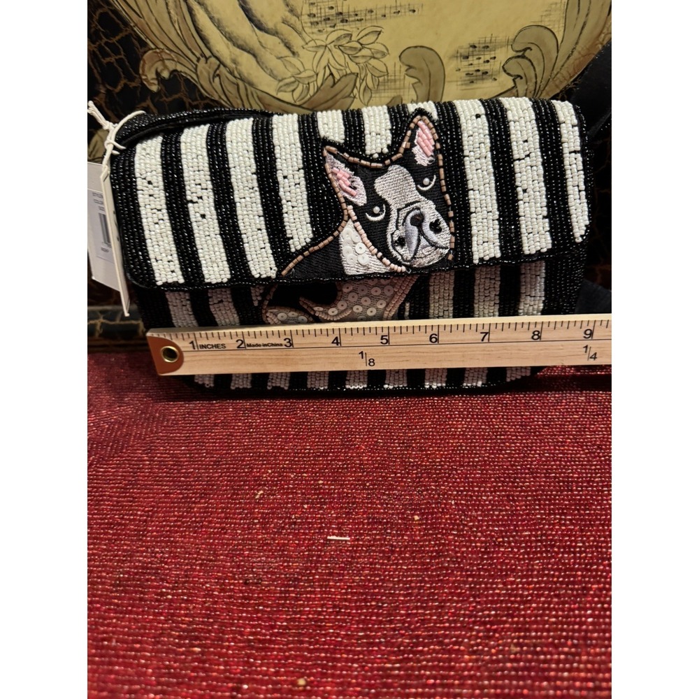 Sol & Mer French Bulldog Beaded Bag NWT Black White Striped Shoulder Purse Viral - Picture 2 of 11